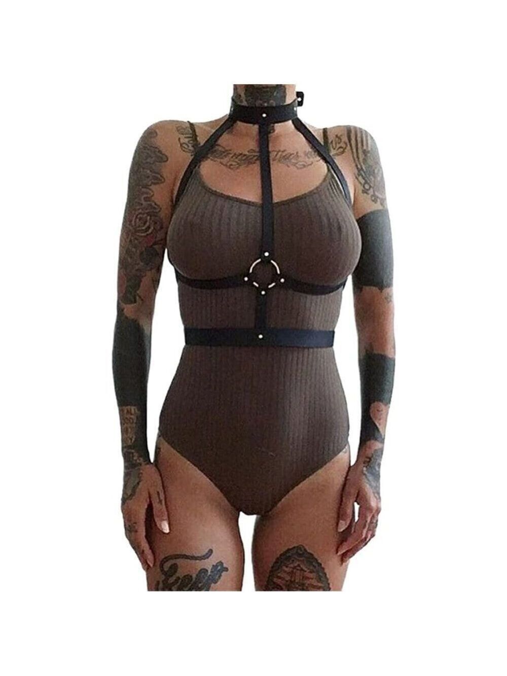 𝅺BLACK Leather Waist Shoulder Harness Bra Belt Choker Slave Fetish Bondage NWT